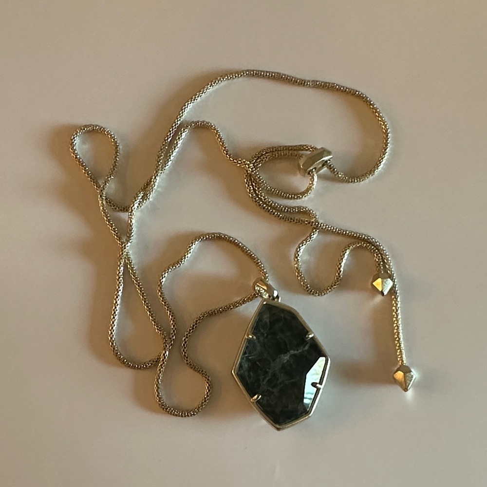Kendra Scott gold and green long necklace